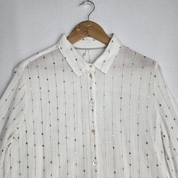 Feather Bone Gauzy Top Blouse Shirt Sz M White Sequins Accents Button Front Boho - Picture 2 of 14